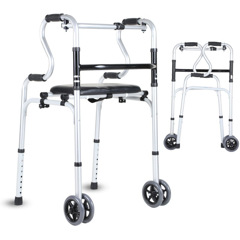 Déambulateur 4 roues pliable, Cadre de marche, Hauteur réglable, Léger en d'aluminium, fixe et réglable, à double accoudoir - Swanew
