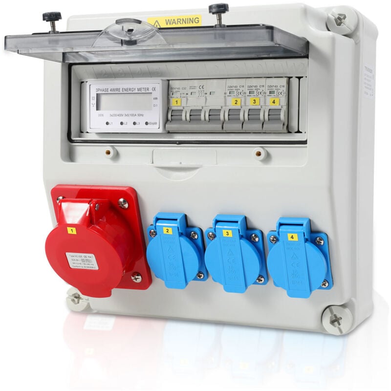 SWANEW Distributeur de courant mural avec compteur de courant triphasé et MCB, distributeur de courant de chantier avec 3 prises Schuko CEE 32A
