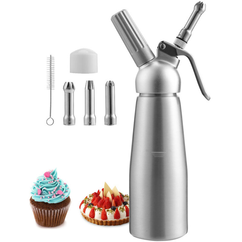 Siphon à crème en Aluminium,500 ml avec 3 Buses décoratives en Acier Inoxydable Distributeur de crème fouettée antirouille pour Desserts,