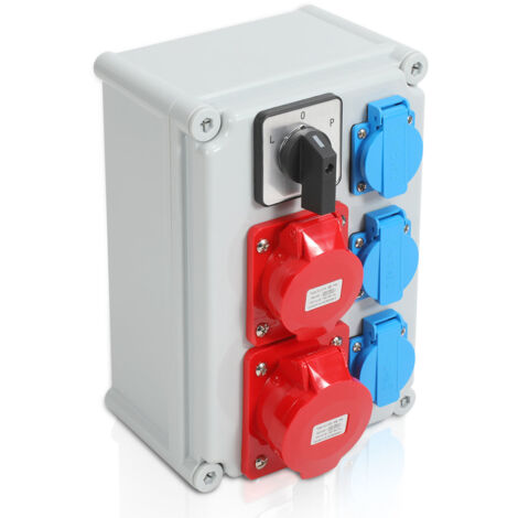SWANEW Distributore di corrente a parete con interruttore a camme L-0-P e MCB, distributore di corrente da cantiere con 3 prese CEE 16/32A con messa a terra