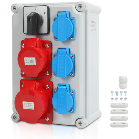 SWANEW Distributore di corrente a parete con interruttore a camme L-0-P e MCB, distributore di corrente da cantiere con 3 prese CEE 16/32A con messa a terra