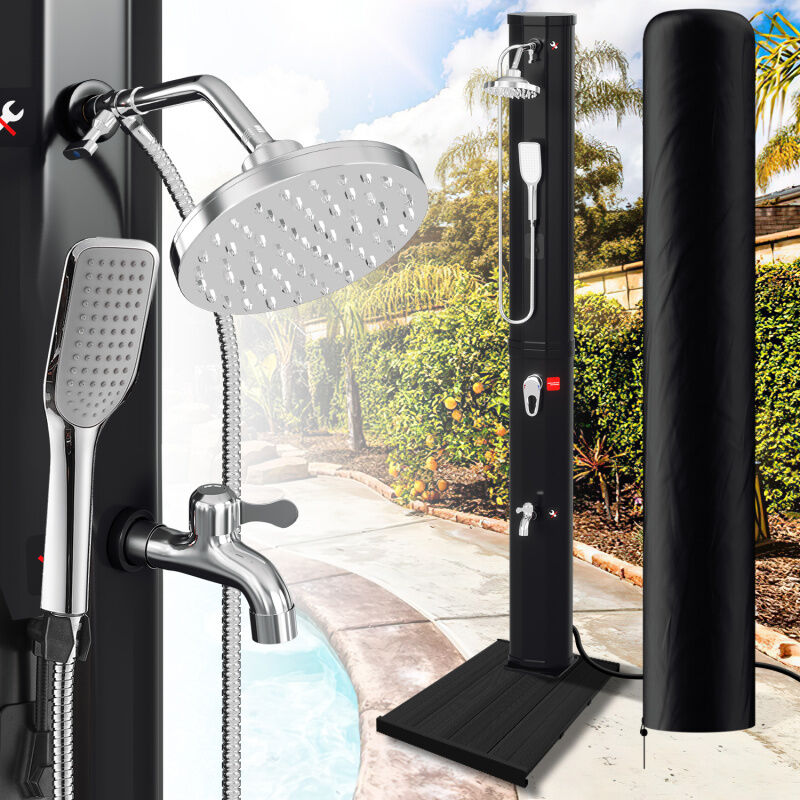 Douche solaire de jardin avec réservoir d'eau de 60L (avec couvercle de protection, avec douchette, en noir) avec Elément de sol en pvc - Swanew