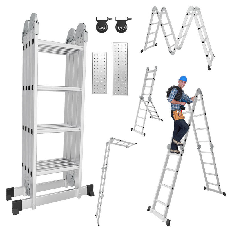 Swanew - Echelle pliante articulée 4x4 marches, echafaudage multifonction, ecarteur de mur, escabeau, 2 plaques plateforme de travail