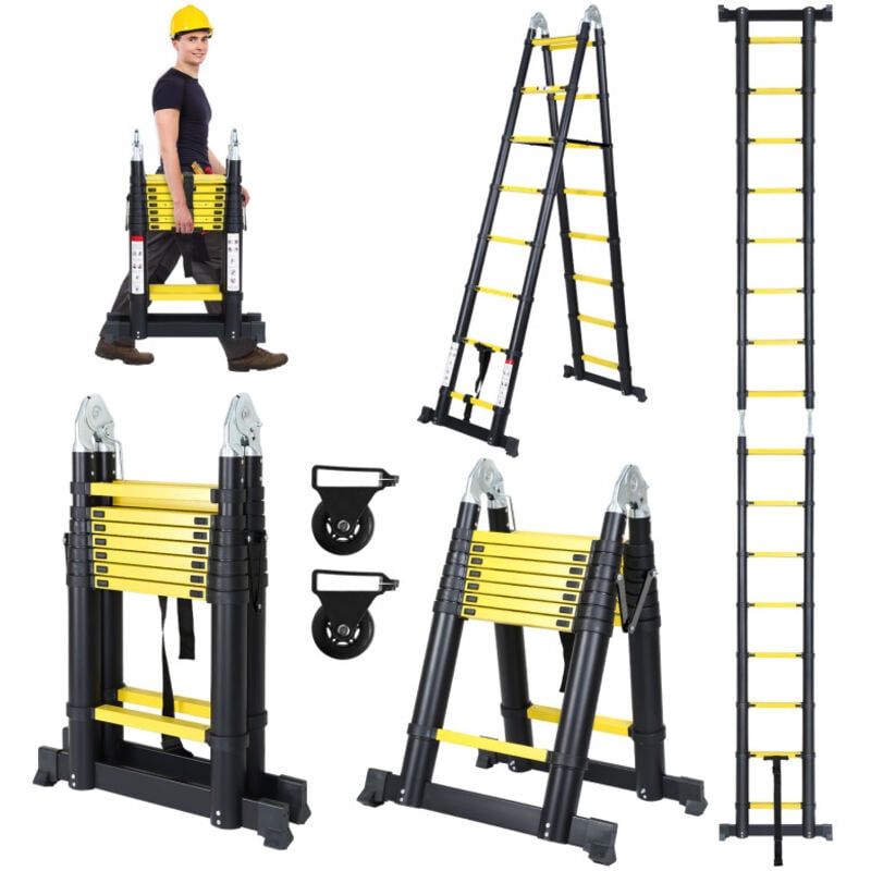 Echelle télescopique 2,5m+2,5m avec roulettes Echelle double pliante Stabil Aluminium jusqu'à 150kg - Swanew