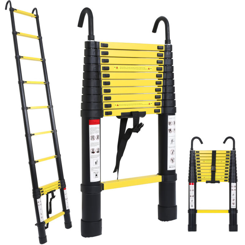 Echelle télescopique 3,2m avec crochet Escabeau à coulisse Stabil Aluminium jusqu'à 150kg - Swanew