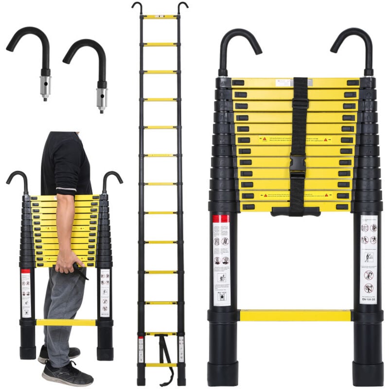 Chelle télescopique 3,8m avec crochet Échelle double à coulisse Stabil Aluminium jusqu'à 150kg - Swanew