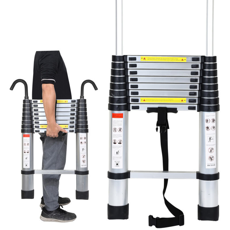 Echelle Télescopique Avec Crochet Escabeau Aluminium Argent 2.6m - Swanew