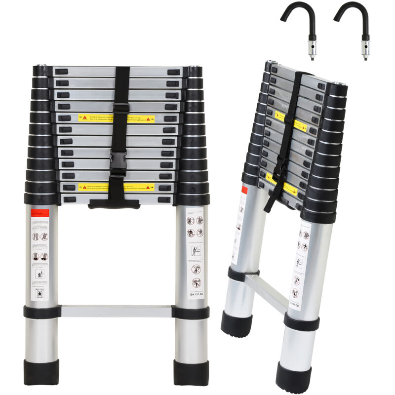 Swanew - echelle telescopique Échelle à rallonge légère aluminium antidérapante 3,8m argent + crochet échelle à rallonge extensible