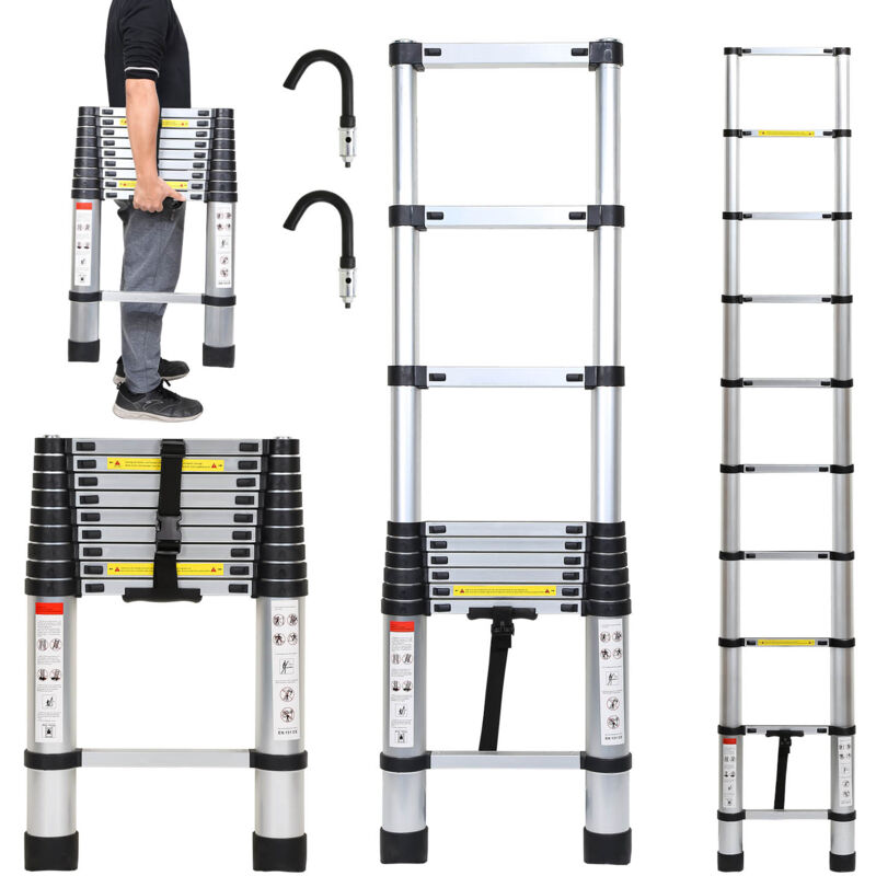Echelle telescopique Échelle à rallonge légère aluminium antidérapante 2,6m argent + crochet échelle à rallonge extensible - Swanew