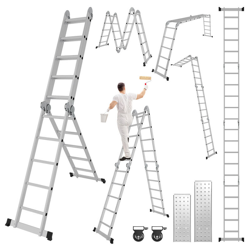 Echelle telescopique Échelle à rallonge légère en aluminium, niveau 4x5 antidérapant + roue + planche échelle à rallonge extensible - Swanew
