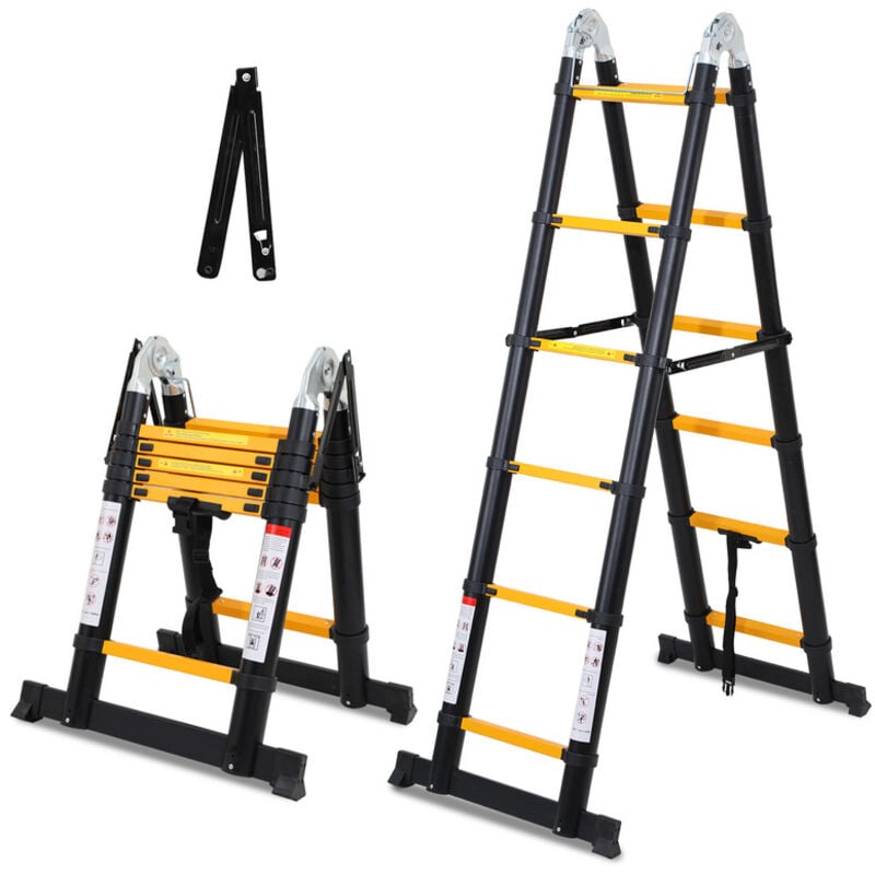 Chelle télescopique Échelle pliante Aluminium Escabeau sans crochets Avec stabilisateur 1,9m+1,9m jaune-noir - jaune-noir - Swanew