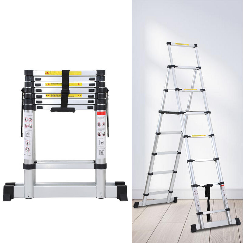 Echelle télescopique professionnel multifonction articulée 1,4 +1,7m, escabeau 4x5 marches pliable - Swanew