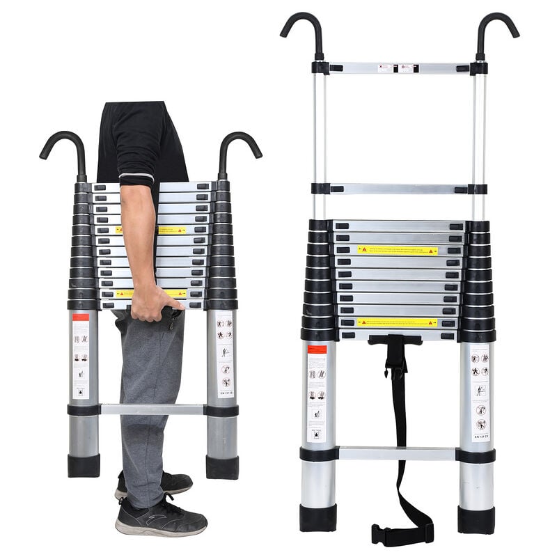 Swanew - Echelle télescopique Alu Escabeau escamotable Echelle coulissante Alu jusqu'à 150 kg Escabeau stable Argent 3,8m avec crochet