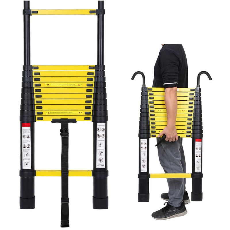 Echelle Télescopique jusqu'à 150 kg Escabeau stable en aluminium Multi-Fonction 3,8 m Avec Crochet Escabeau Jaune noir - Argent - Swanew