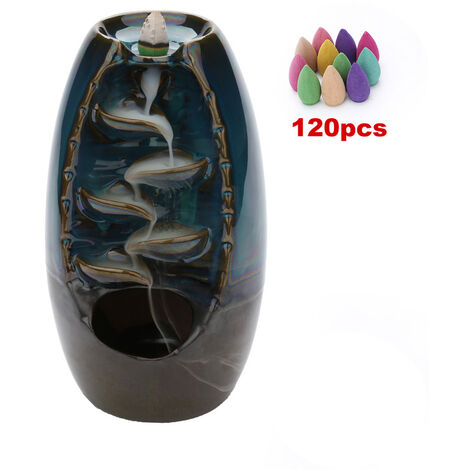 SWANEW Encensoir avec 120 cônes d'encens Fumée Brûleur d'encens Céramique Cascade Ornament - Blau