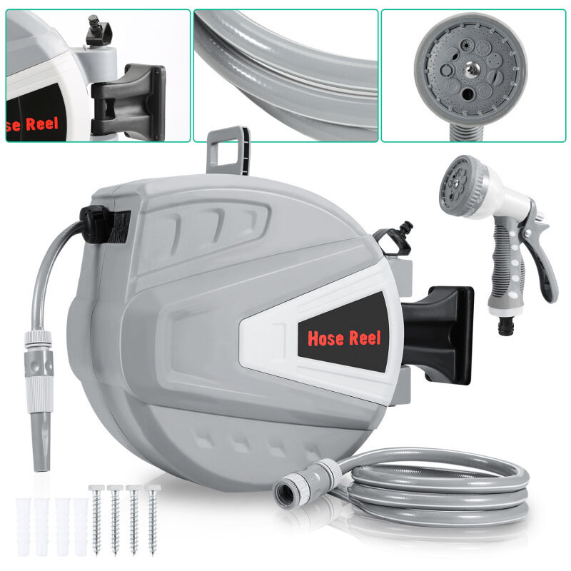 Enrouleur De Tuyau 20+2m Pression 8Bar Raccord 1/4'avec Pistolet à Eau (9 Modes de Jet Réglables) Rétractation Automatique Pneumatique Pivotant à 180°