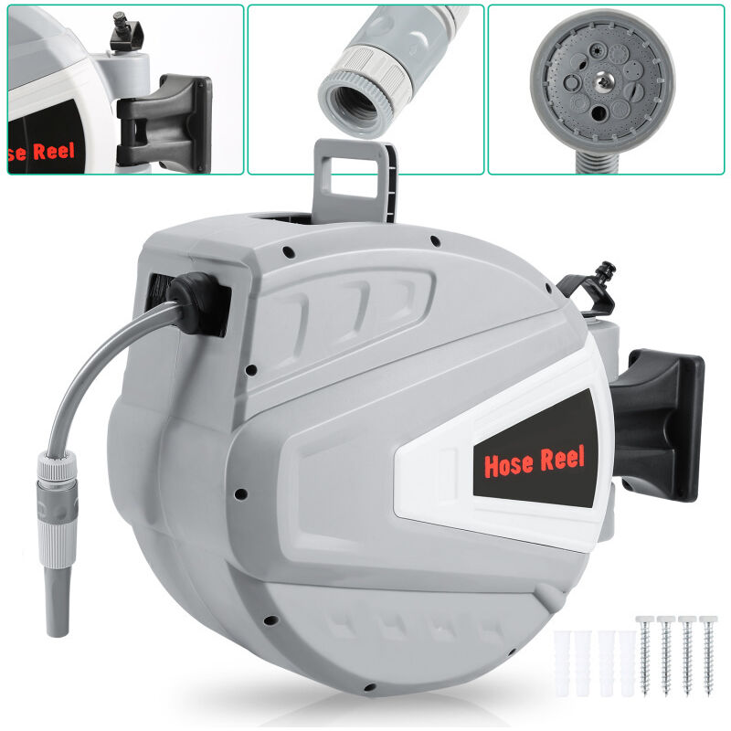 Enrouleur De Tuyau 30+2m Pression 8Bar Raccord 1/4'avec Pistolet à Eau (9 Modes de Jet Réglables) Rétractation Automatique Pneumatique Pivotant à 180°