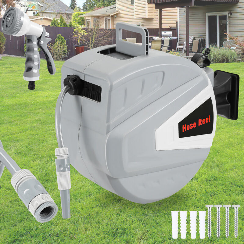 Enrouleur De Tuyau 20+2m Pression 8Bar Raccord 1/4'avec Pistolet à Eau (9 Modes de Jet Réglables) Rétractation Automatique Pneumatique Pivotant à 180°