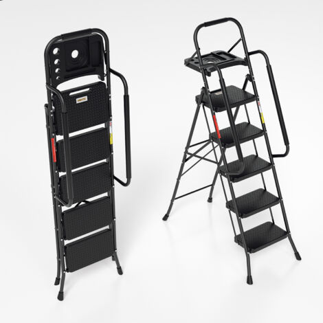 Swanew – Escabeau pliable 5 marches – Capacité 150 kg – Pédale antidérapante – Accoudoirs amovibles – Dimensions déplié 52x108x167cm