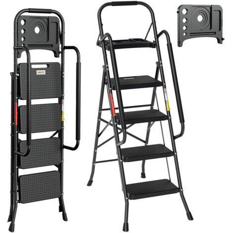 SWANEW Escalera plegable de 4 peldaños con pedal antideslizante y reposabrazos extraíbles de acero hasta 150 kg.