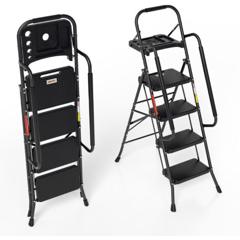 SWANEW Escalera plegable de 4 peldaños con pedal antideslizante y reposabrazos extraíbles de acero hasta 150 kg.
