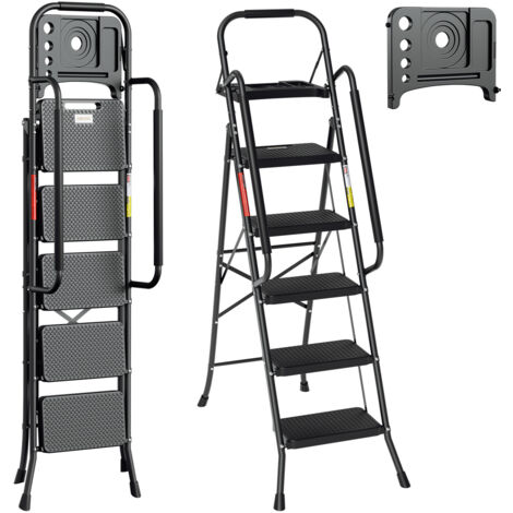 SWANEW Escalera plegable de 5 peldaños con pedal antideslizante y reposabrazos extraíbles de acero hasta 150 kg.