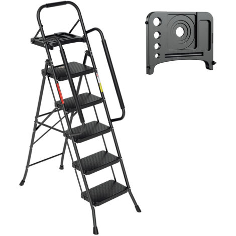 SWANEW Escalera plegable de 5 peldaños con pedal antideslizante y reposabrazos extraíbles de acero hasta 150 kg.
