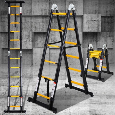 SWANEW Escalera telescópica Escalera plegable de aluminio Escalera de tijera sin ganchos Con estabilizador Con ruedas 1.9m+1.9m amarillo-negro