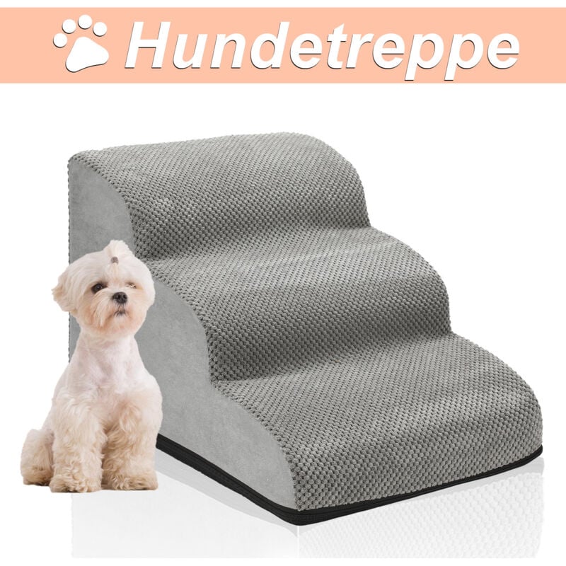 Escalier pour Chien Chat, Échelle pour Chien en Éponge de Haute Densité, Rampe Élargie pour Chien en Pente Douce à 3 Marches, 56x40x35cm (gris)