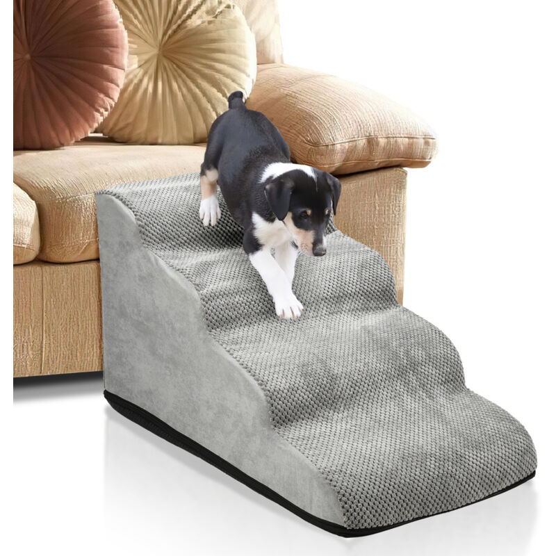 Swanew - Escalier pour Chien Chat, en Éponge Haute Densité, Rampe avec Fond Antidérapant, Couverture Lavable, à 4 Marches gris