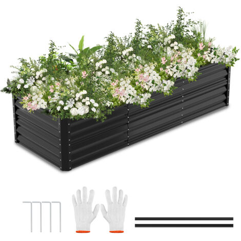 SWANEW Fioriera rialzata 240x90x60 cm Vaso da giardino in metallo zincato con base aperta per la coltivazione di ortaggi, fiori, erbe e piante grasse in giardino, terrazza, patio e balcone Nero