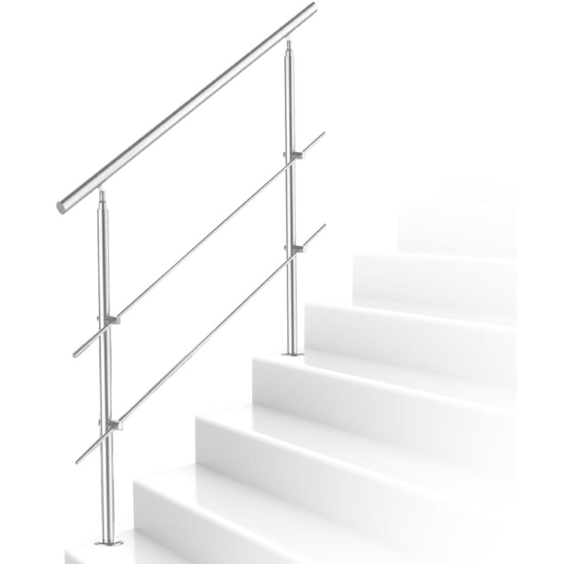 Rampe d'escalier acier inoxydable main courante balustrade Garde-corps argenté 160 cm 2 crossbars