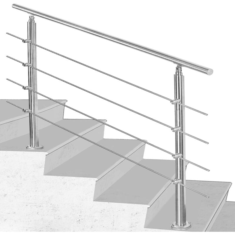 Rampe d'escalier acier inoxydable main courante balustrade Garde-corps argenté 150 cm 4 crossbars