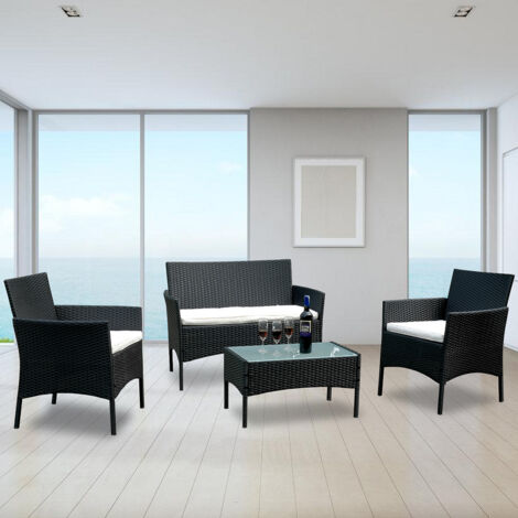 SWANEW Gartenmöbel Gartengruppe Sitzbank Sitzgruppe Gartenlounge erweiterbares Hocker schwarz - schwarz