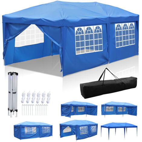SWANEW Gazebo de Jardín Carpa Plegable Protección Solar UV 50+ Carpa Plegable POP-UP Con Paredes Azul 3x6m