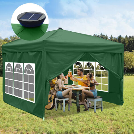 SWANEW Gazebo de Jardín Carpa Plegable Protección Solar UV 50+ Carpa Plegable POP-UP Con Paredes Verde 3x3m Con Iluminación Solar LED