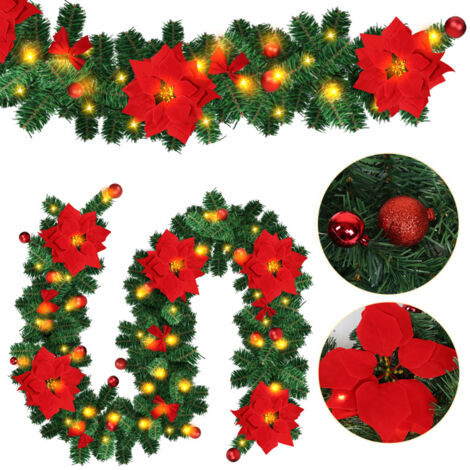 SWANEW Ghirlanda di Natale Ghirlanda di abete Decorazione natalizia per interni ed esterni Ghirlanda artistica 2,7 m 50 LED con rosso decorativo