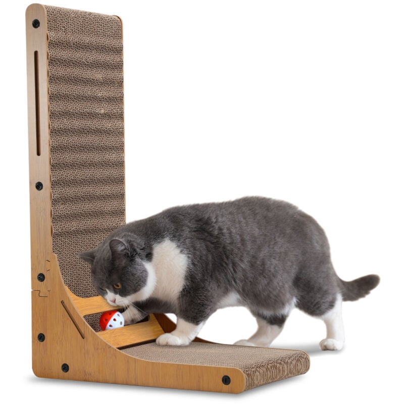 SWANEW Griffoir pour chat Protection des bords Meuble à griffer en forme de L peu encombrant pour chats Avec cloche balle