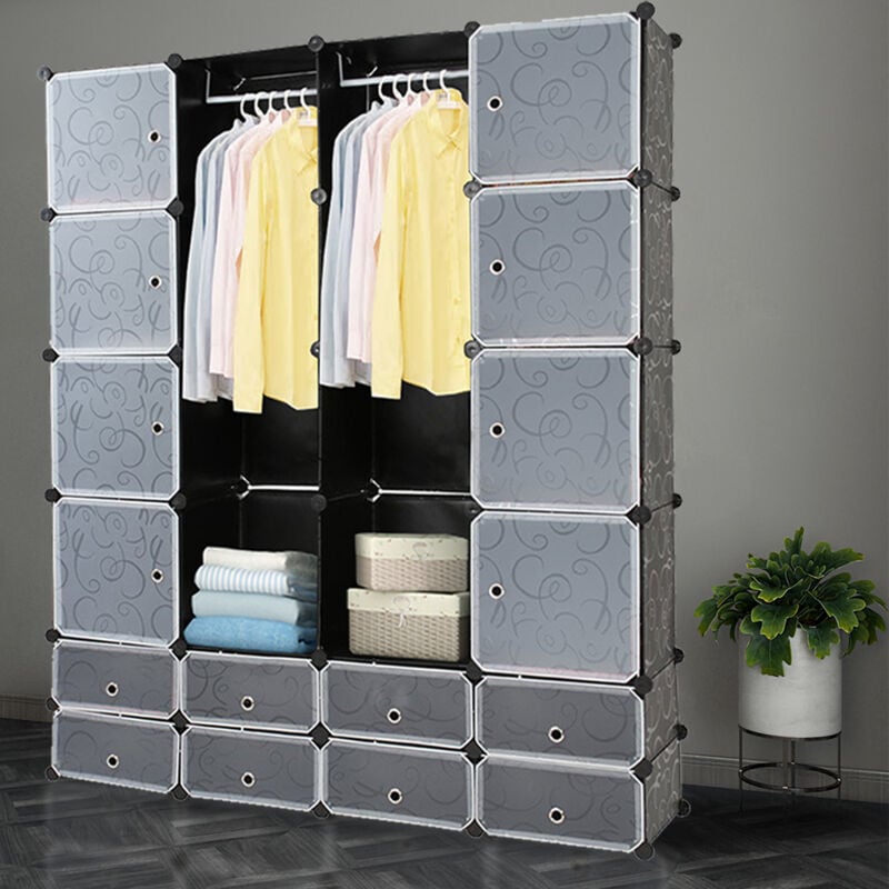 H.180cm Armoire de Rangement pour Vêtements Chaussures Jouets, Meuble Rangement en Plastique - 16+8 cubes, Noir - Swanew