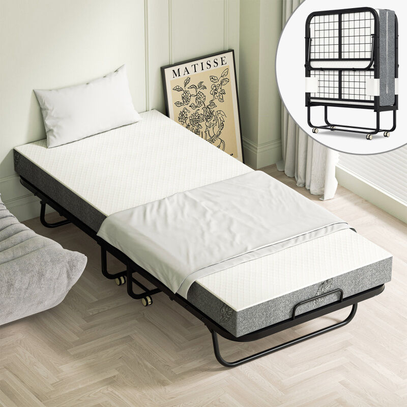 Swanew - Lit Pliant lit d'appoint 90x200cm invité - Pliant avec 4 Roulettes Universelles + Matelas, Cadre en Acier,Charge 150KG