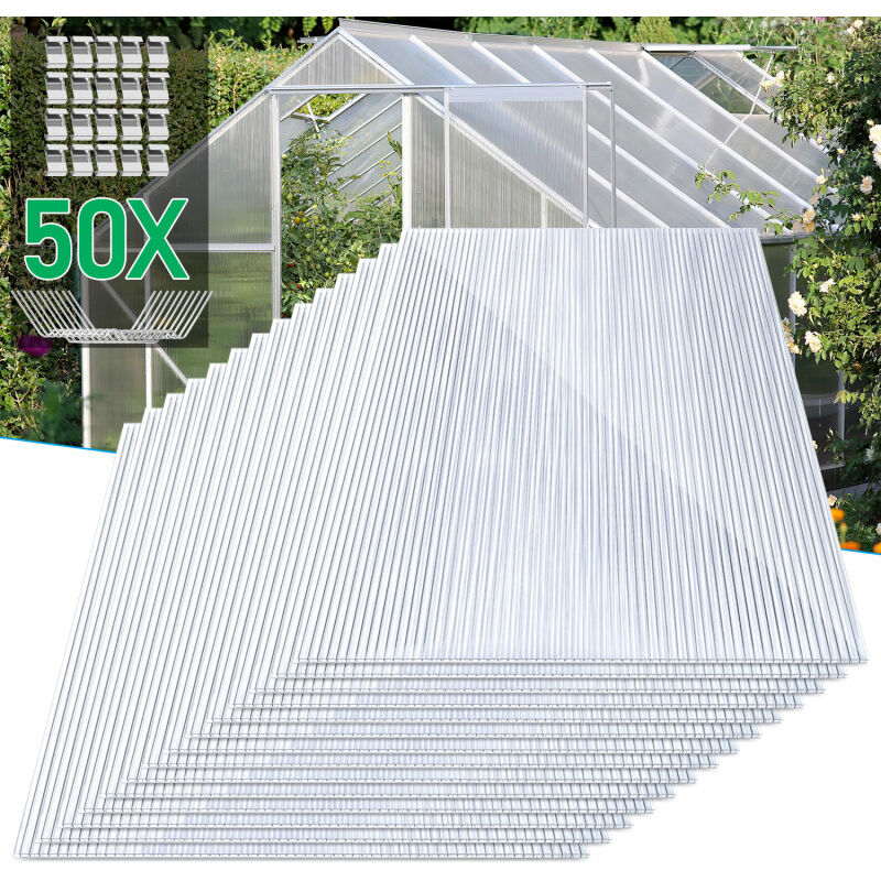 SWANEW Lot de 14 Plaques en Polycarbonate 10,25m² 4mm 50x clips de vitrage serre de jardin clips de fixation type W plaque à double paroi