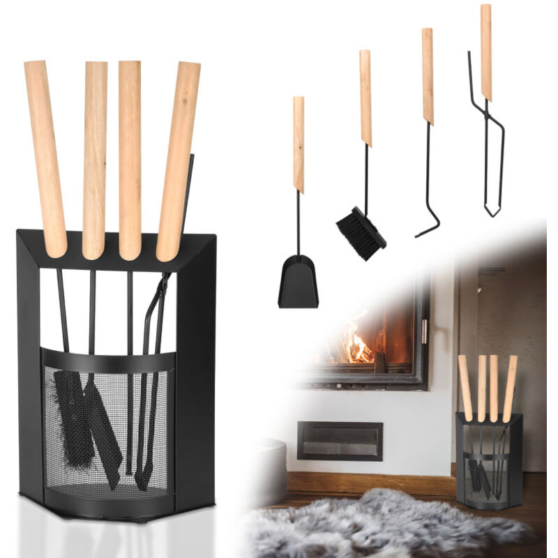 Swanew - Lot de 4 pieces Accessoires de cheminée Serviteur de cheminée en acier avec porte-bûches en métal noir