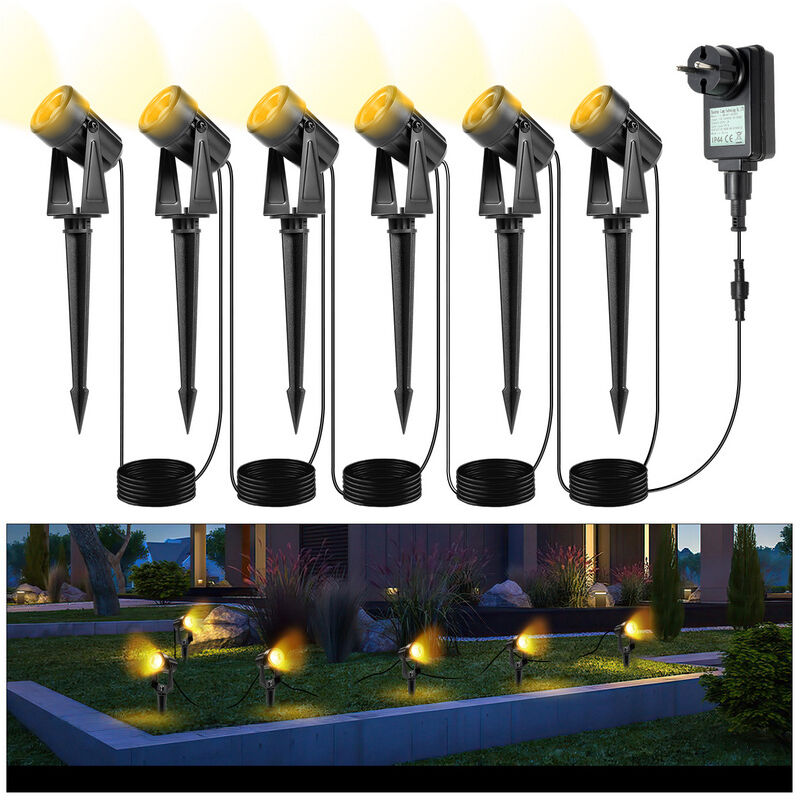 Vingo Lot de 6 Projecteur de jardin à led avec piquet de terre, éclairage de jardin avec prise étanche IP65 blanc chaud