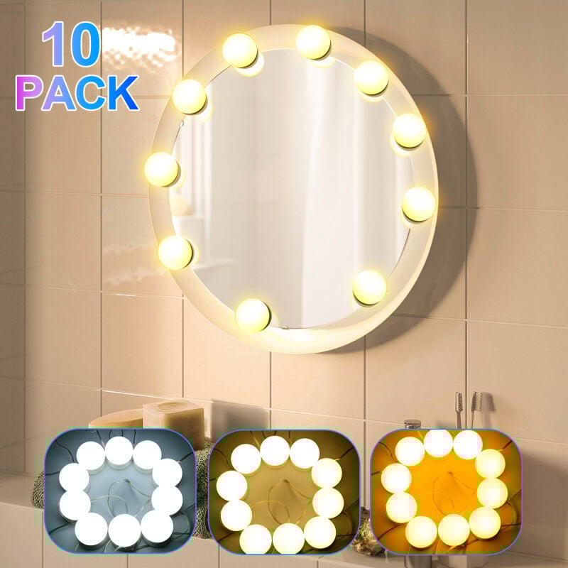 Swanew - Lumière de Miroir pour le maquillage ,10 Ampoules pour Coiffeuse Maquillage usb avec Interrupteur,3 Couleurs,Blanc, avec Adaptateur,10W