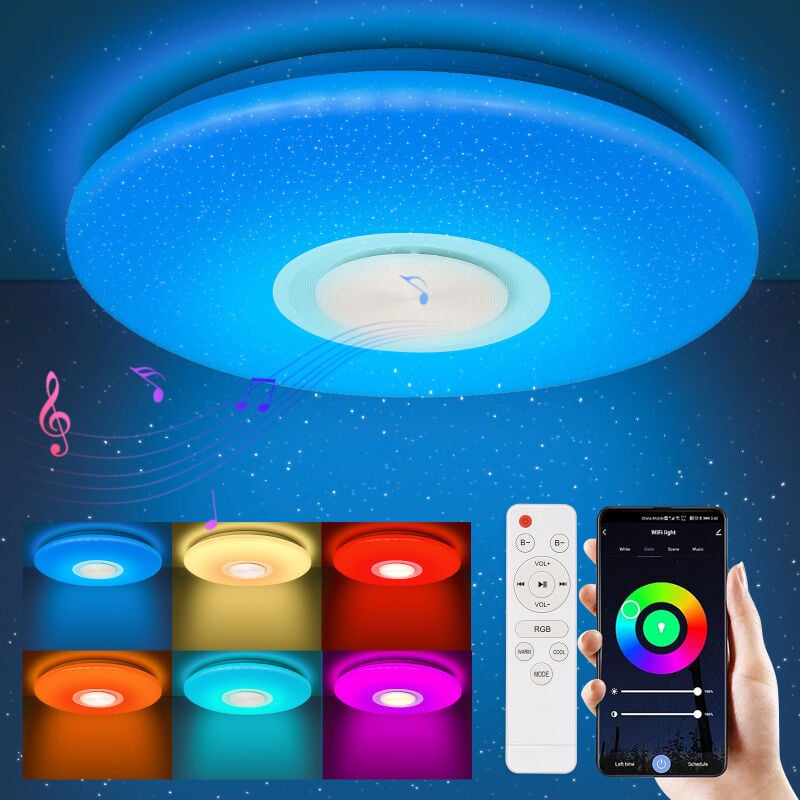Lustre de plafond led 36W avec effet ciel étoilé, éclairage mural pour la cuisine, gradable et musique Bluetooth - Swanew