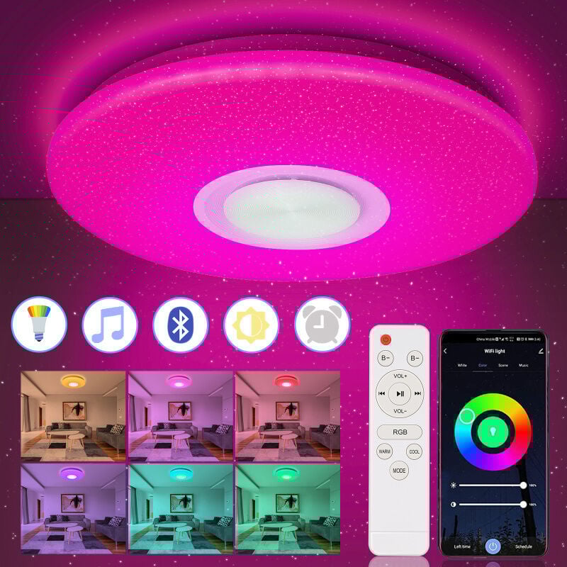 Lustre de plafond led 36W avec effet ciel étoilé sans éblouissement, télécommande et fonction musique Bluetooth - Swanew