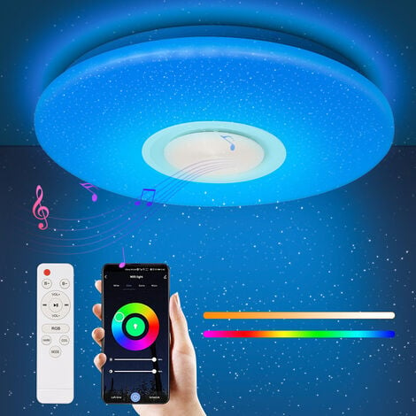 SWANEW Lustre de plafond LED 36W avec effet ciel étoilé ultra-mince de 40 cm de diamètre et musique Bluetooth