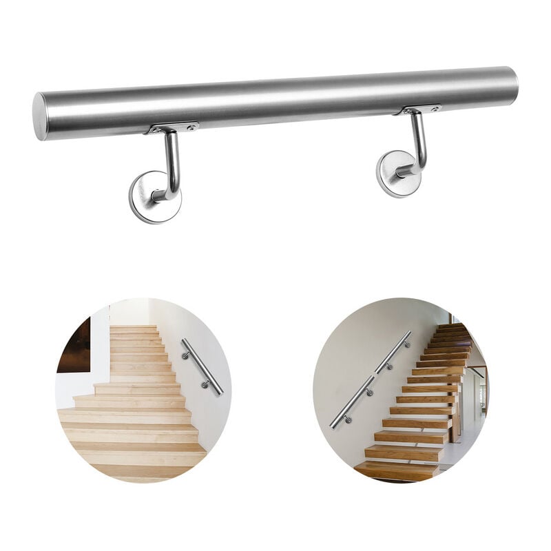 Swanew - Main courante inox rampe d'escalier rond intérieur & extérieur ø 42 mm support mural argenté 150cm