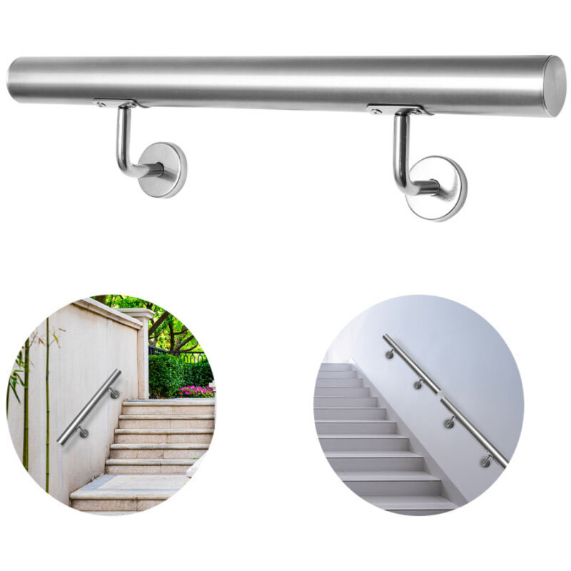 Swanew - Main courante inox rampe d'escalier rond intérieur & extérieur ø 42 mm support mural argenté 200cm
