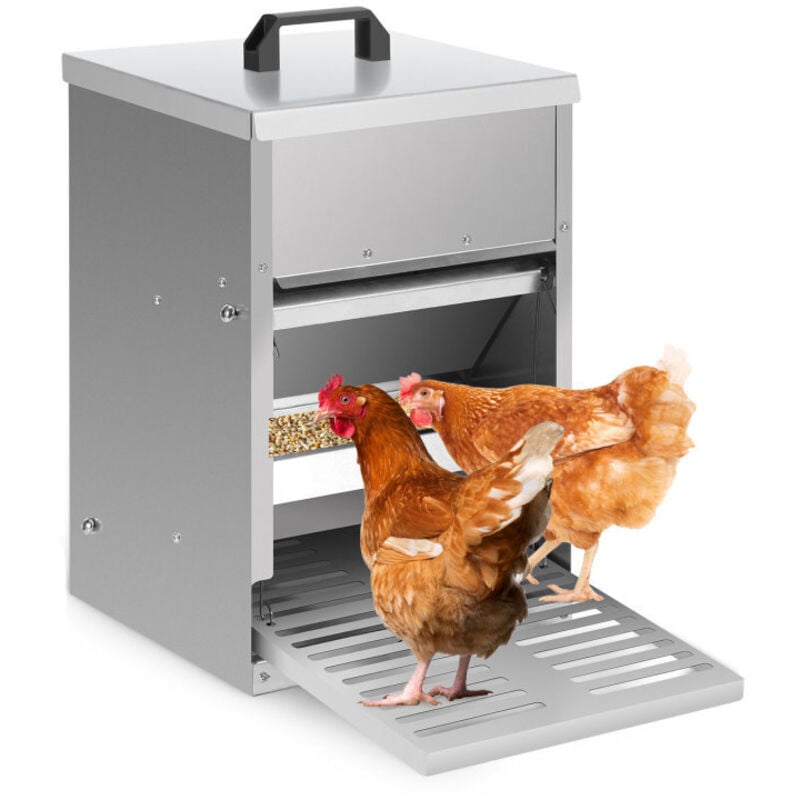 SWANEW Mangeoire à Poules Capacité 5 kg, acier galvanisé, Mangeoire à pédale, Mangeoire automatique avec couvercle